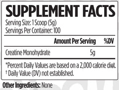 Nutrition facts for VMI Creatine Monohydrate powder