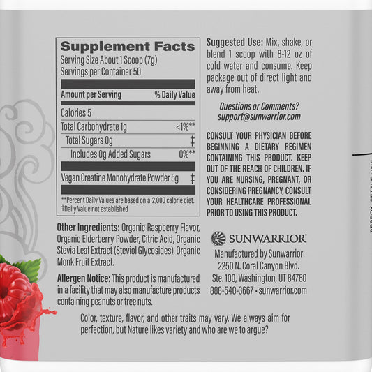 Nutrition label for Creatine Monohydrate Raspberry powder