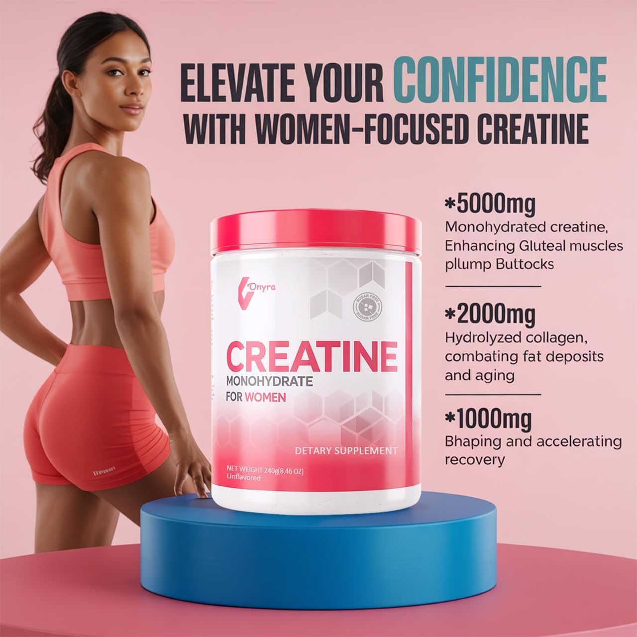 Close-up of Creatine Monohydrate, Collagen and BCAA ingredients