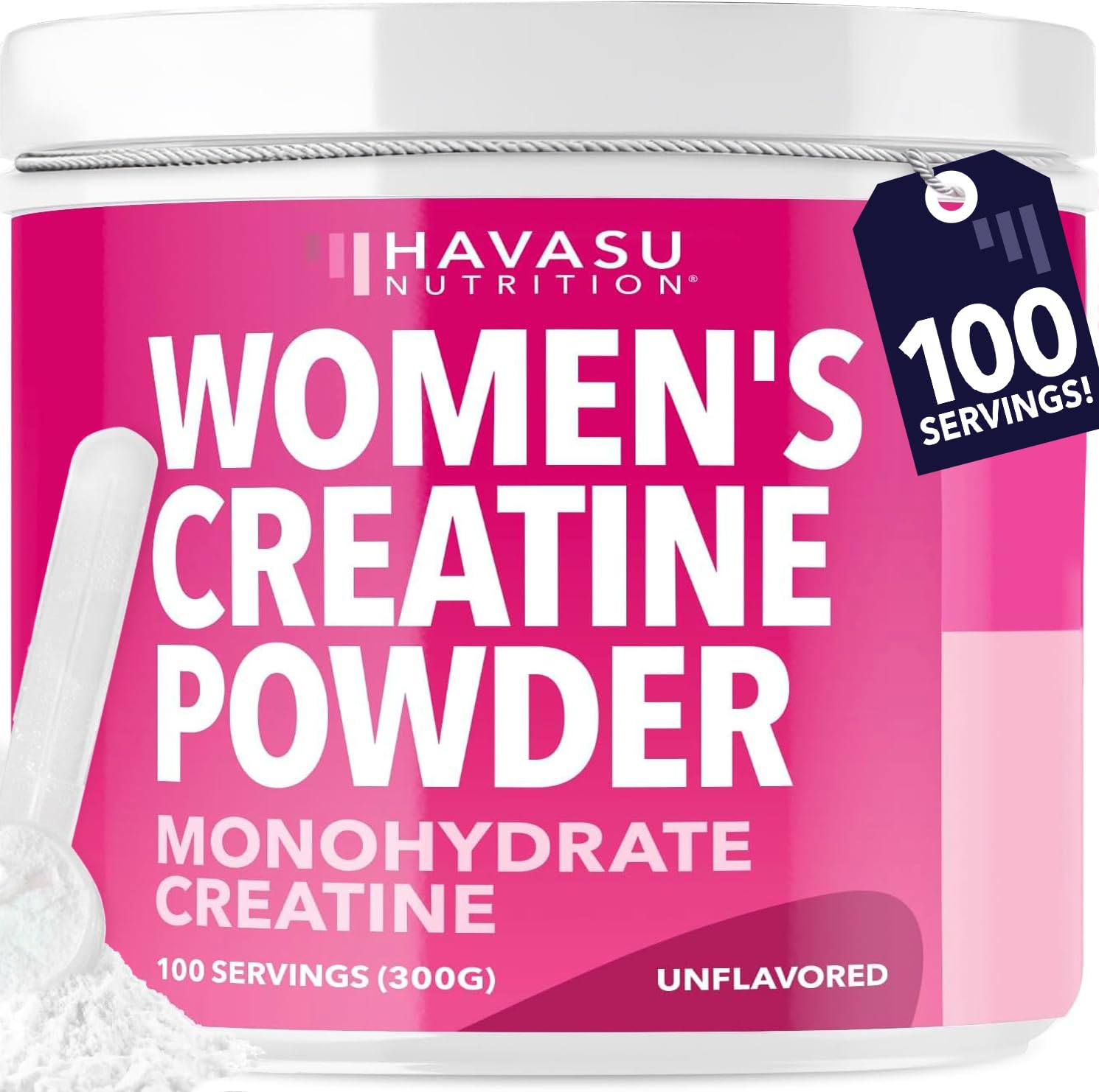 Creatine for Women bottle with scoop on white background