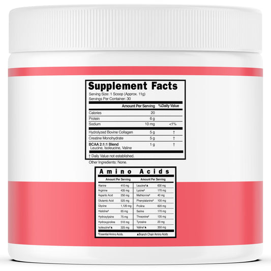 Creatine monohydrate powder with collagen and BCAA components