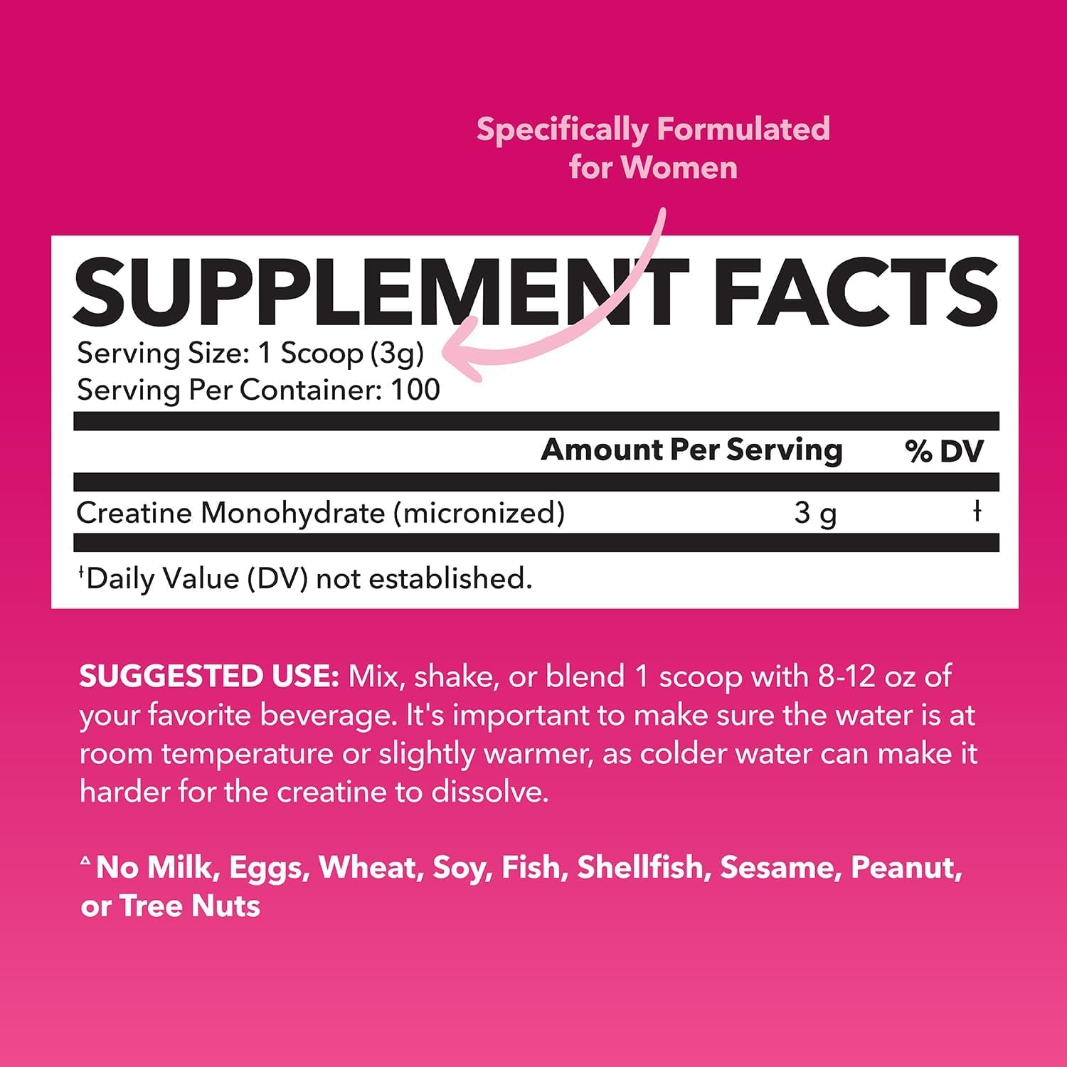 Close-up of Creatine for Women label highlighting 3g micronized creatine monohydrate per serving
