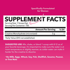 Close-up of Creatine for Women label highlighting 3g micronized creatine monohydrate per serving