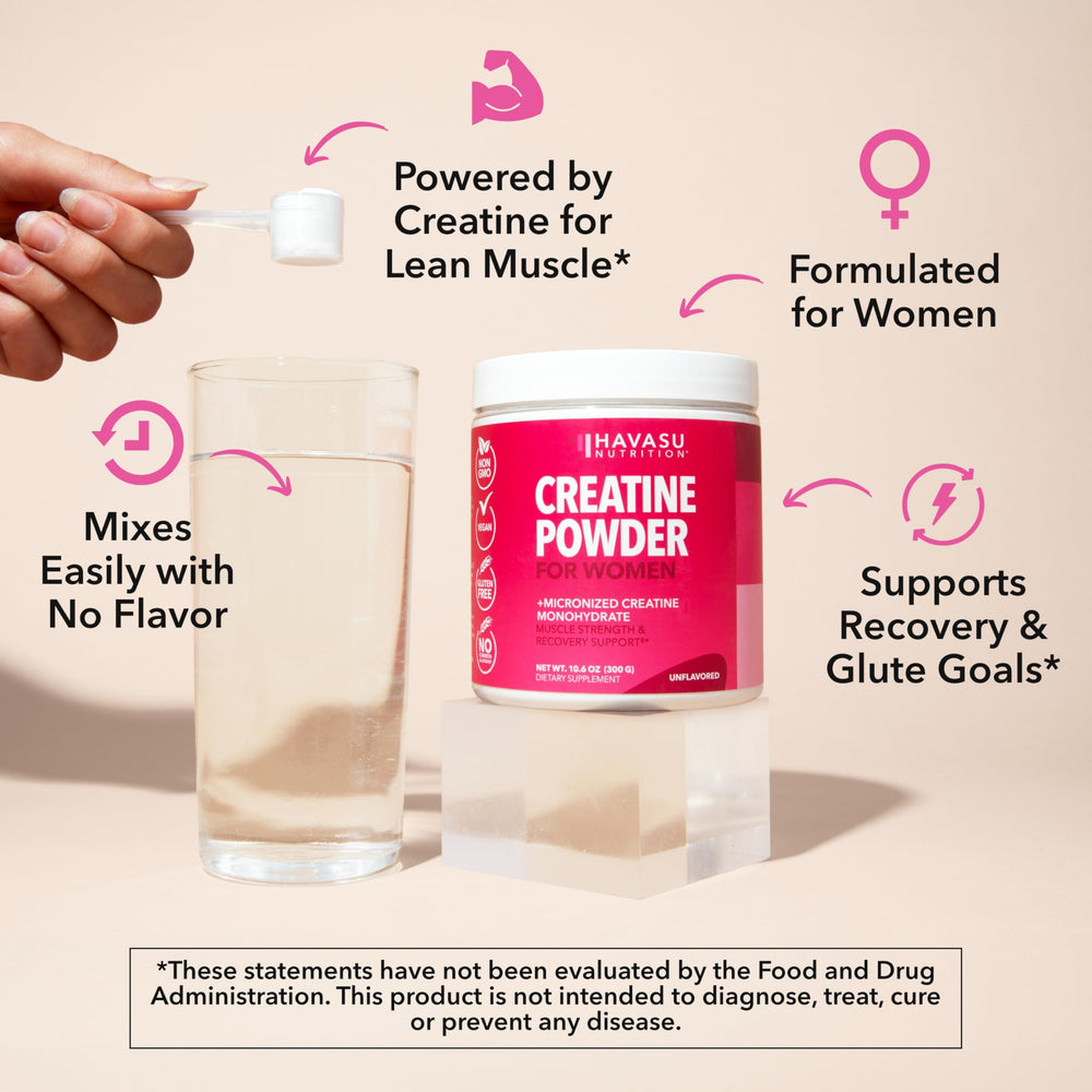 Vegan and Non-GMO icons beside Creatine for Women packaging