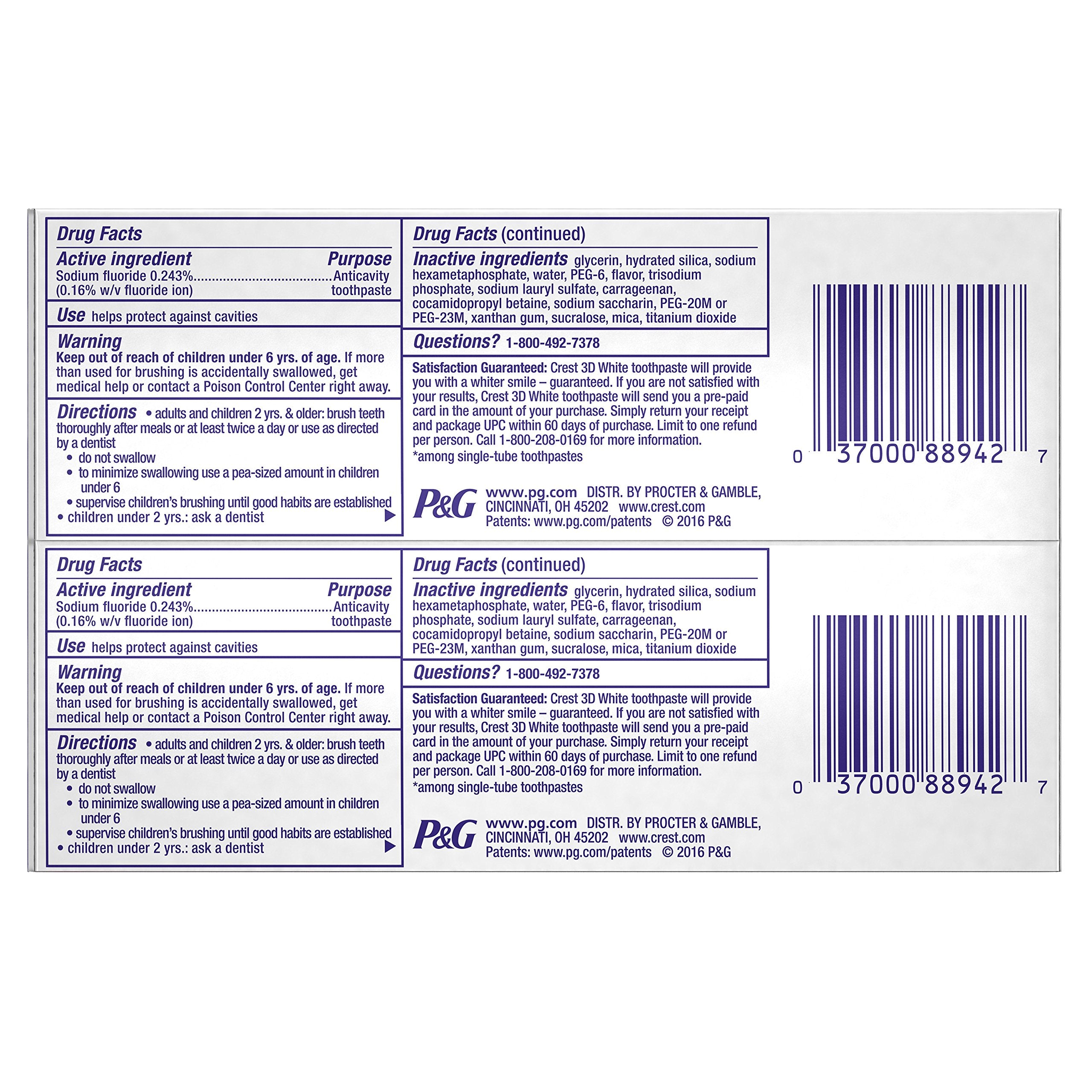 Close-up of Crest 3D Brilliance Vibrant Peppermint toothpaste tube showing whitening formula