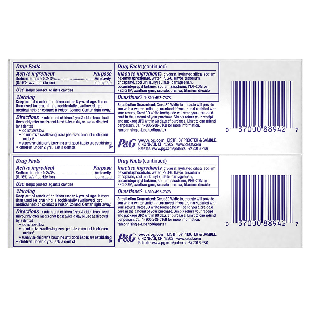 Close-up of Crest 3D Brilliance Vibrant Peppermint toothpaste tube showing whitening formula