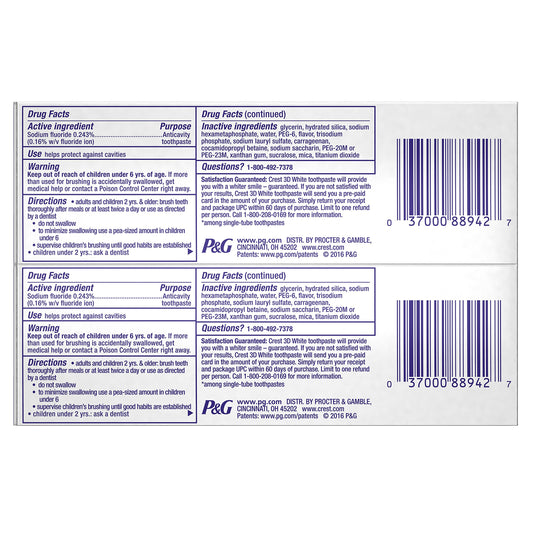 Close-up of Crest 3D Brilliance Vibrant Peppermint toothpaste tube showing whitening formula
