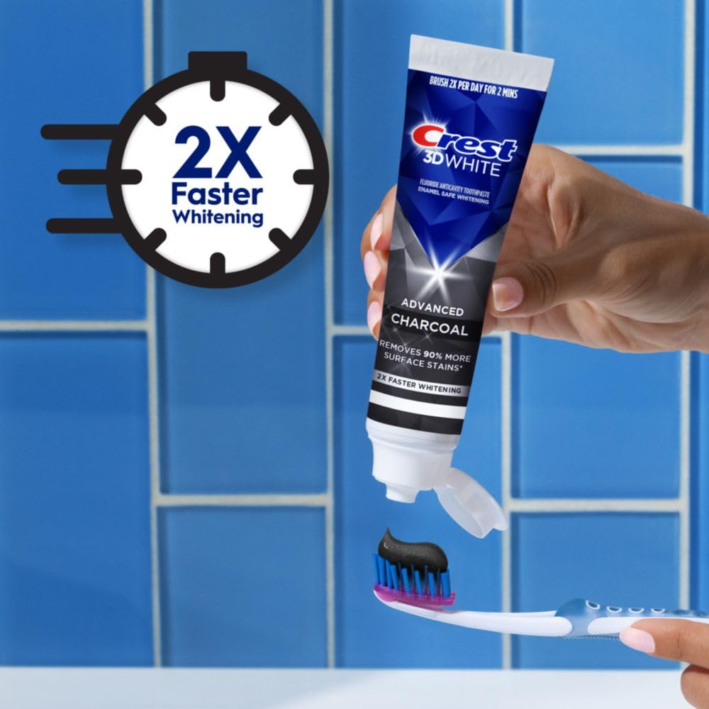 Crest toothpaste highlighting enamel protection and charcoal formula