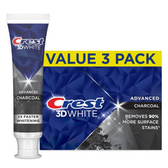 Front view of Crest 3D White Advanced Charcoal Toothpaste with Fluoride in a 3.3 oz pack of 3