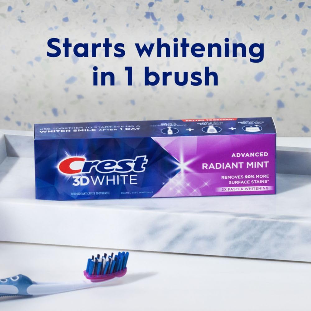 Front view of Crest 3D White Radiant Mint toothpaste tubes