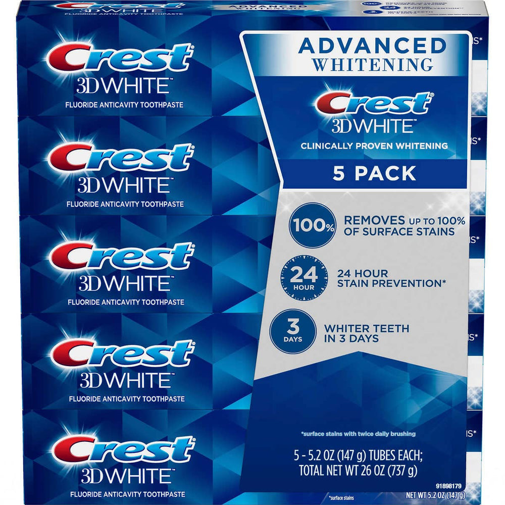 Crest 3D White Advanced Whitening Toothpaste 5-pack tubes displayed
