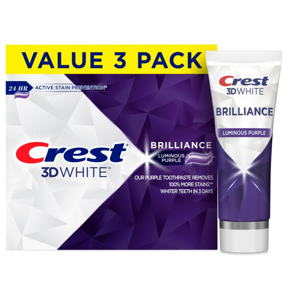 Main image: Crest 3D White Brilliance Luminous Purple toothpaste bulk pack with 3 tubes