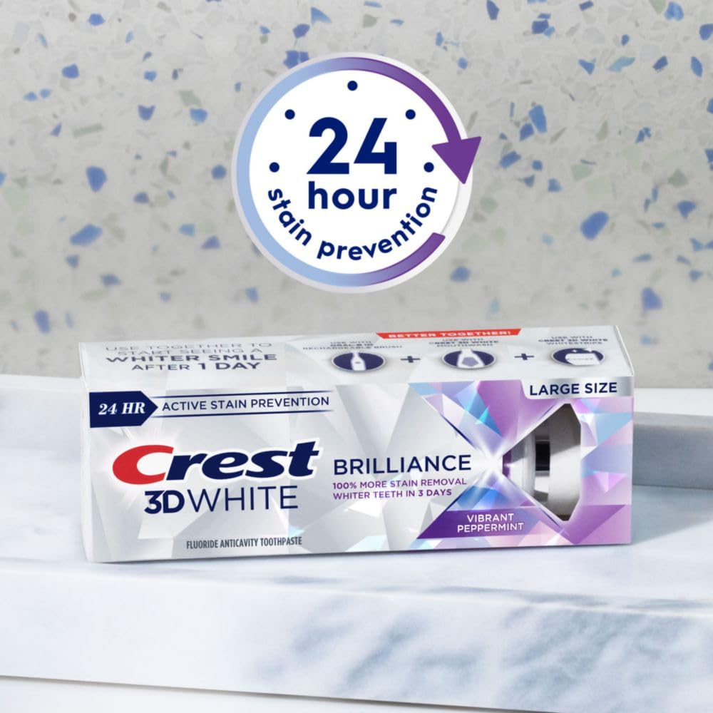 Enamel-safe whitening claim on Crest 3D White Brilliance toothpaste label