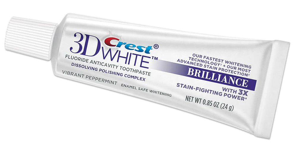 Crest 3D White Brilliance Fluoride Anticavity Toothpaste 0.85 oz Pack of 2 – tube and packaging