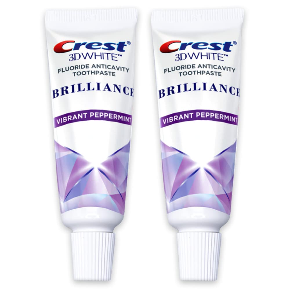 Crest 3D White Brilliance Toothpaste with Vibrant Peppermint, travel-size 0.85 oz (24 g), two-pack, front view