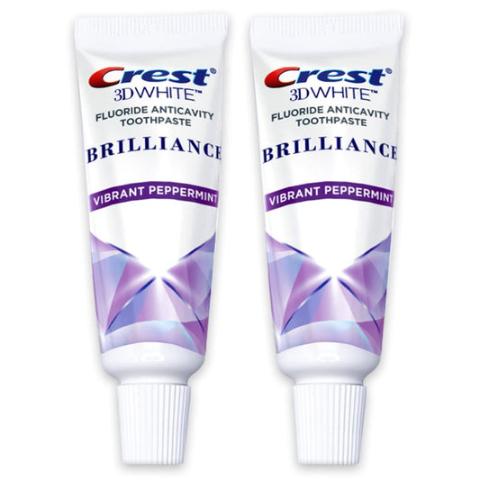 Crest 3D White Brilliance Toothpaste with Vibrant Peppermint, travel-size 0.85 oz (24 g), two-pack, front view
