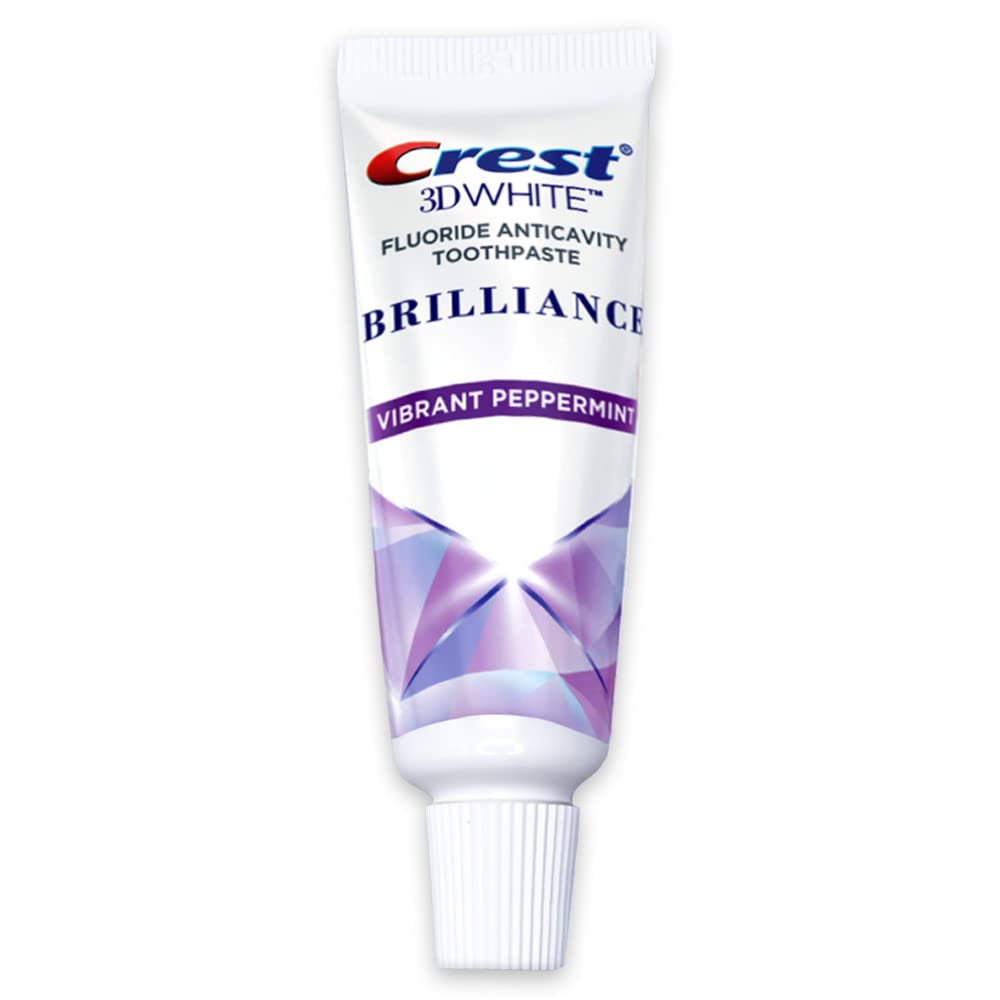 Close-up of Crest 3D White Brilliance Vibrant Peppermint toothpaste tubes in a 4-pack