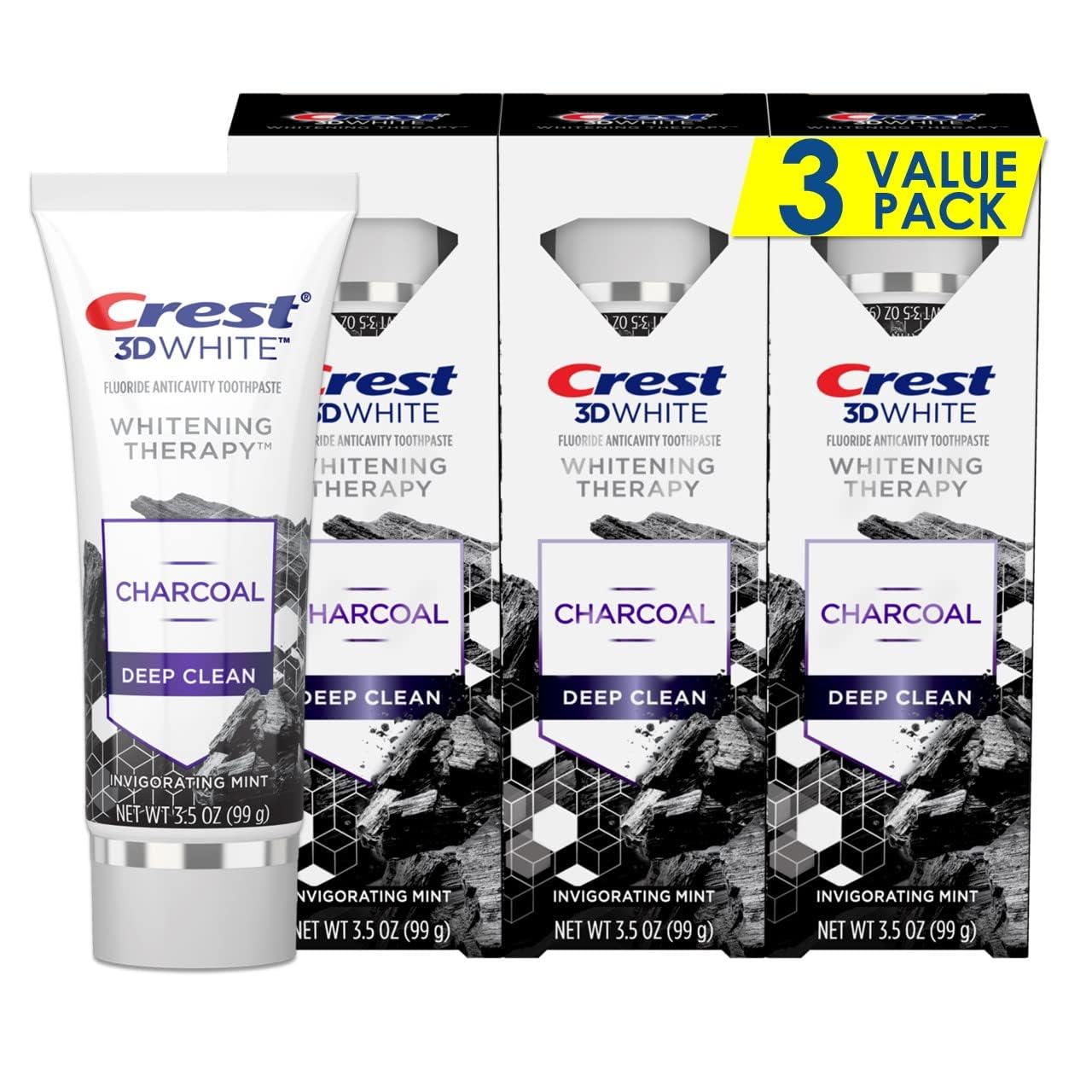 Three Crest 3D White Whitening Therapy Charcoal Deep Clean toothpaste tubes 3.5 oz each in a pack