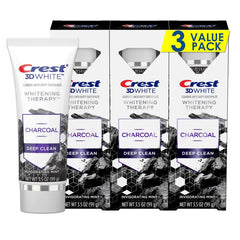 Three Crest 3D White Whitening Therapy Charcoal Deep Clean toothpaste tubes 3.5 oz each in a pack