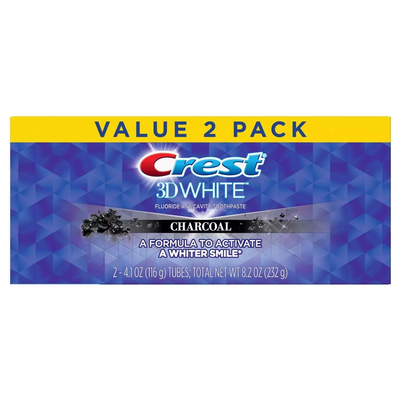 Two Crest 3D White Charcoal Toothpaste tubes in pack