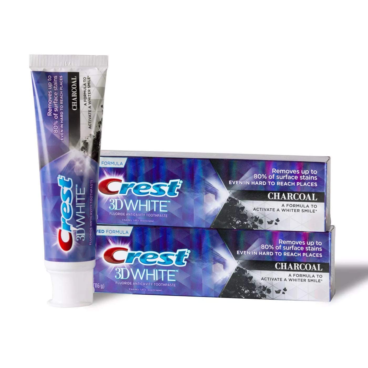 Close-up of Crest 3D White Charcoal Toothpaste label