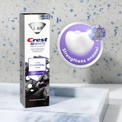 Label close-up on Crest 3D White Whitening Therapy Charcoal Deep Clean