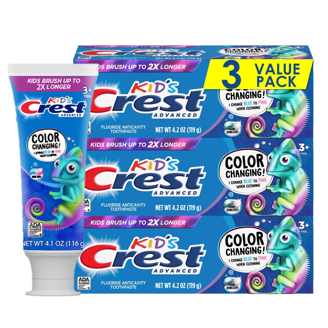 Crest Advanced Kids toothpaste tube with Bubblegum flavor showing color-changing design