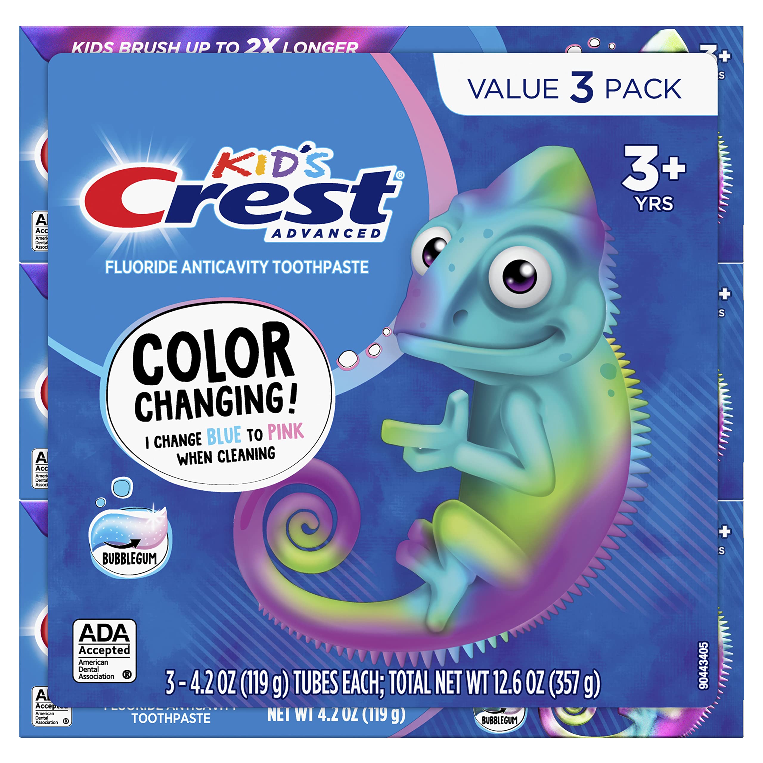 Close-up of Crest color-changing toothpaste blue to pink transition