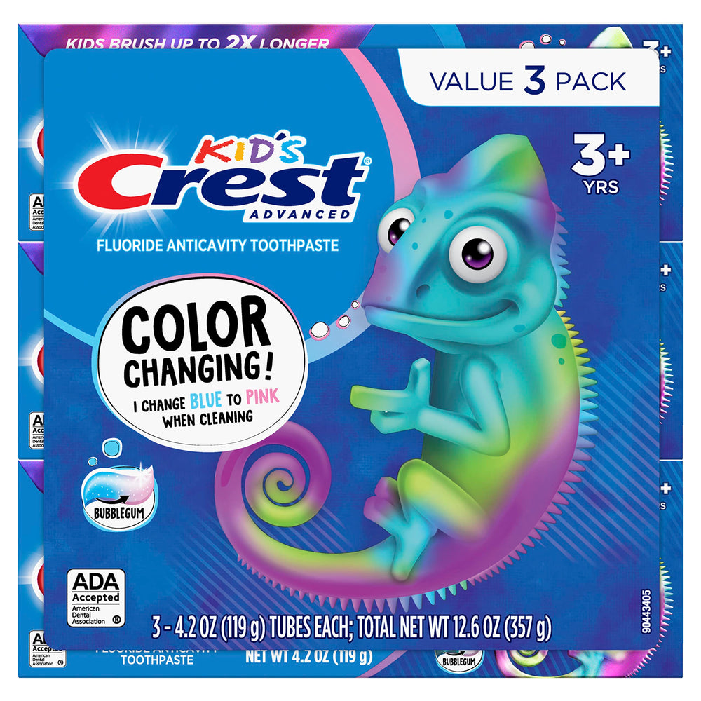Close-up of Crest color-changing toothpaste blue to pink transition