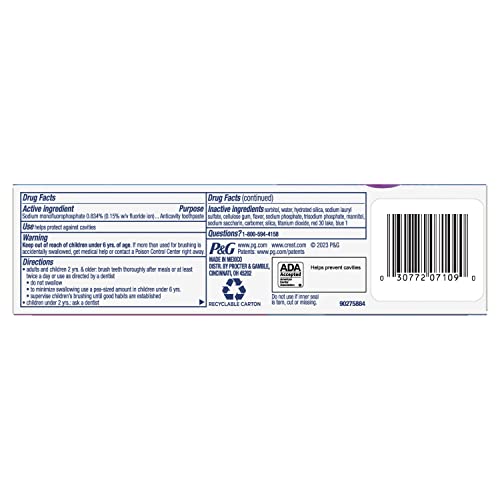 Ingredients and fluoride protection details on Crest Kid's toothpaste box