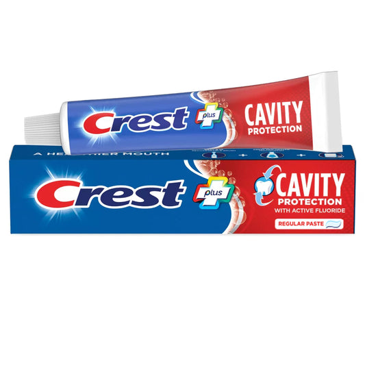 Crest toothpaste packaging showing cavity protection label