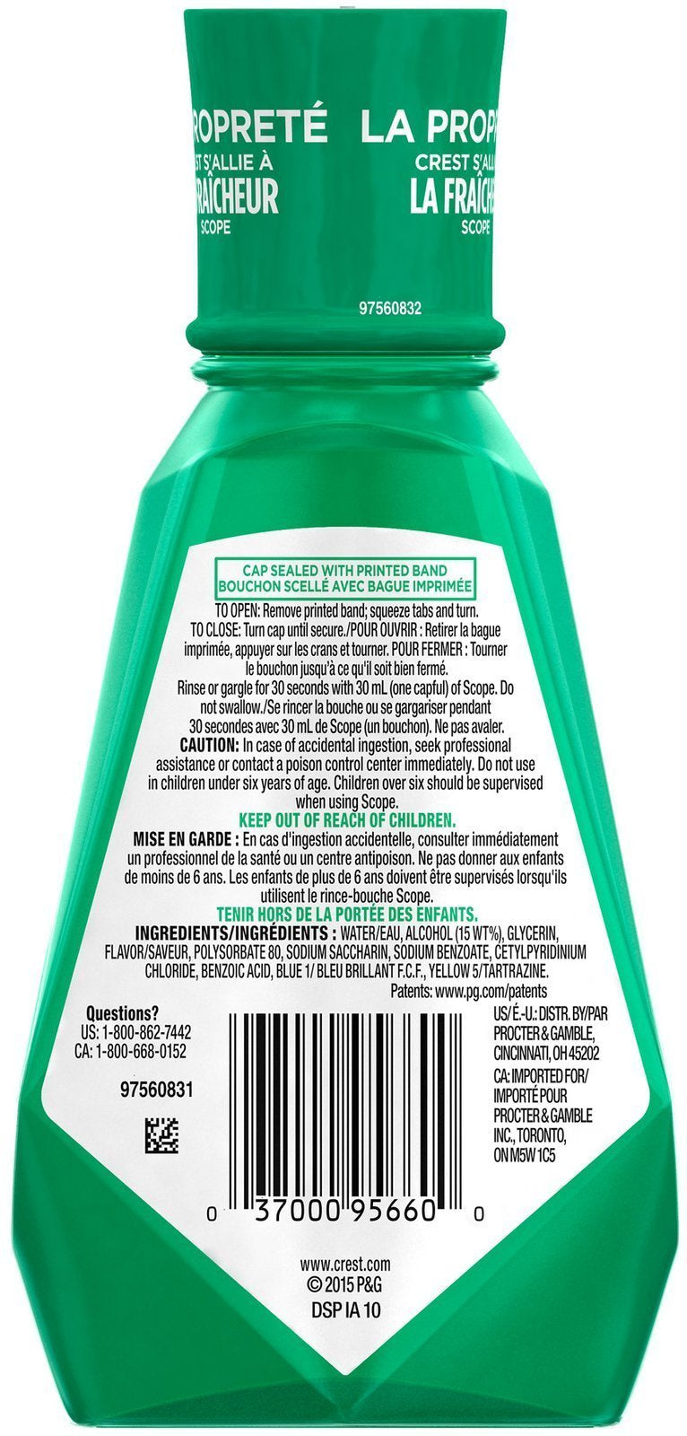 Close-up of Crest Classic Mouthwash Original Formula 250 ml bottle label