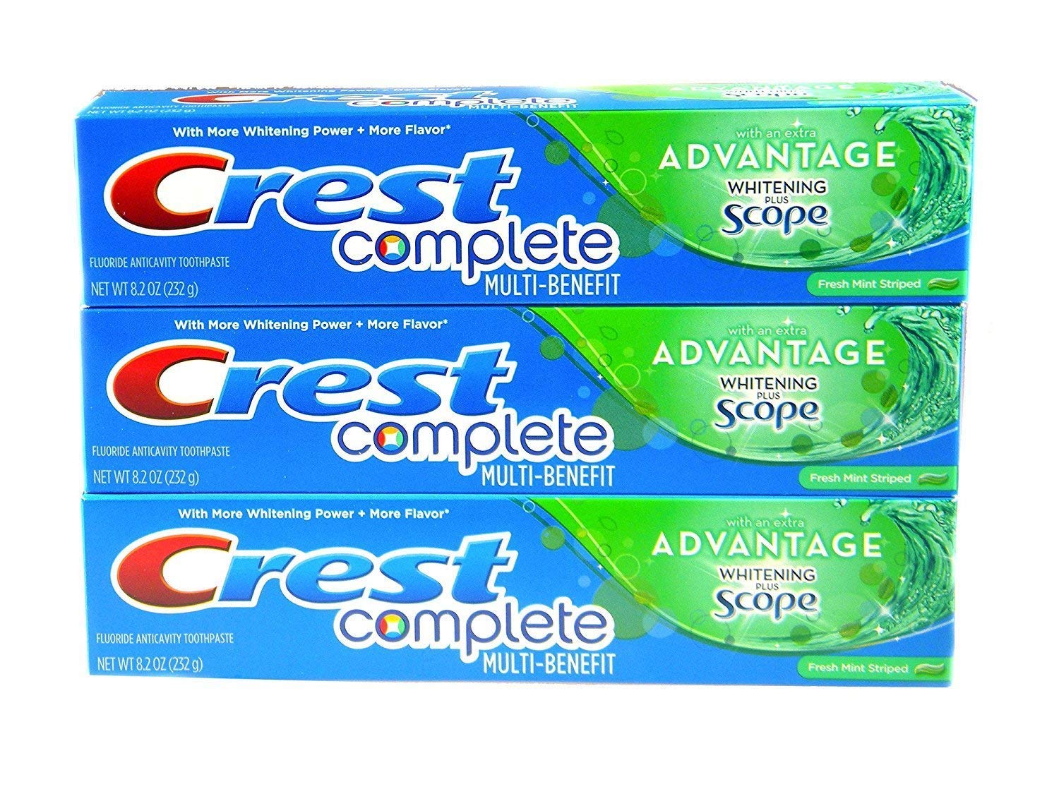 Crest Complete Multi-Benefit toothpaste with Extra Advantage Whitening Plus Scope – Fresh Mint Striped, 8.2oz, pack of 3