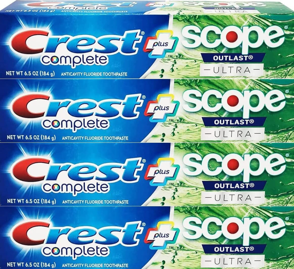 Front view of Crest Complete Whitening Plus Scope Outlast Ultra Toothpaste 6.5 oz tube in pack of 4