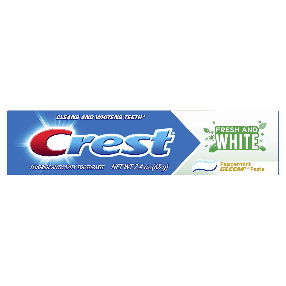 Front view of Crest Fresh & White Toothpaste Peppermint Gleem 2.4 oz