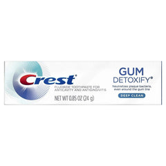 Front packaging of Crest Gum Detoxify Deep Clean toothpaste, 0.85 oz