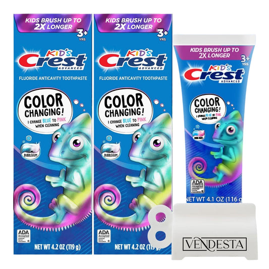 Close-up of Crest Kids Color Changing Toothpaste changing from blue to pink