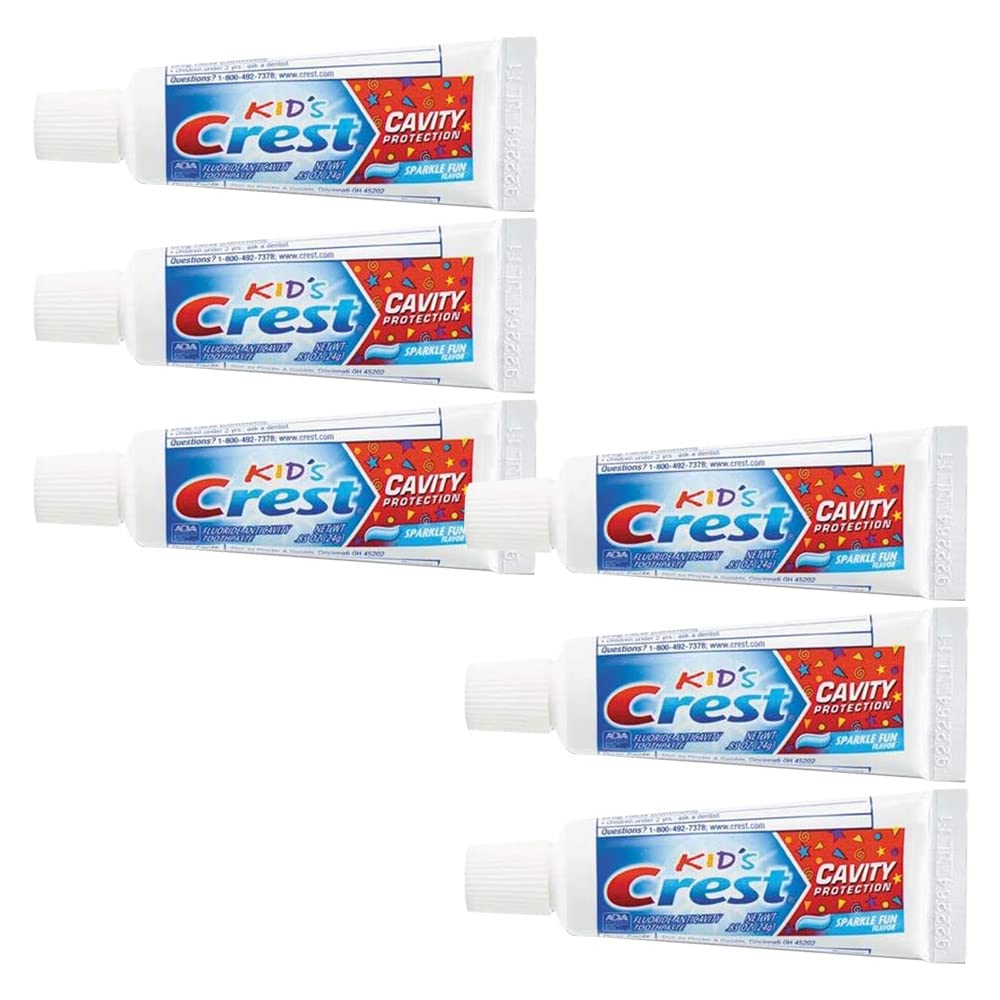 Front view of Crest Kids Sparkle Fun Cavity Protection Toothpaste travel-size tubes (0.85 oz / 24 g) six-pack
