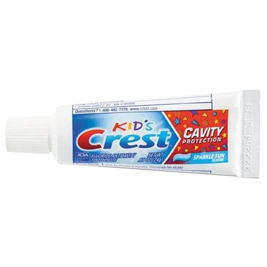 Close-up of Crest Kids Sparkle Fun Cavity Protection Toothpaste tubes in a six-pack (0.85 oz each)