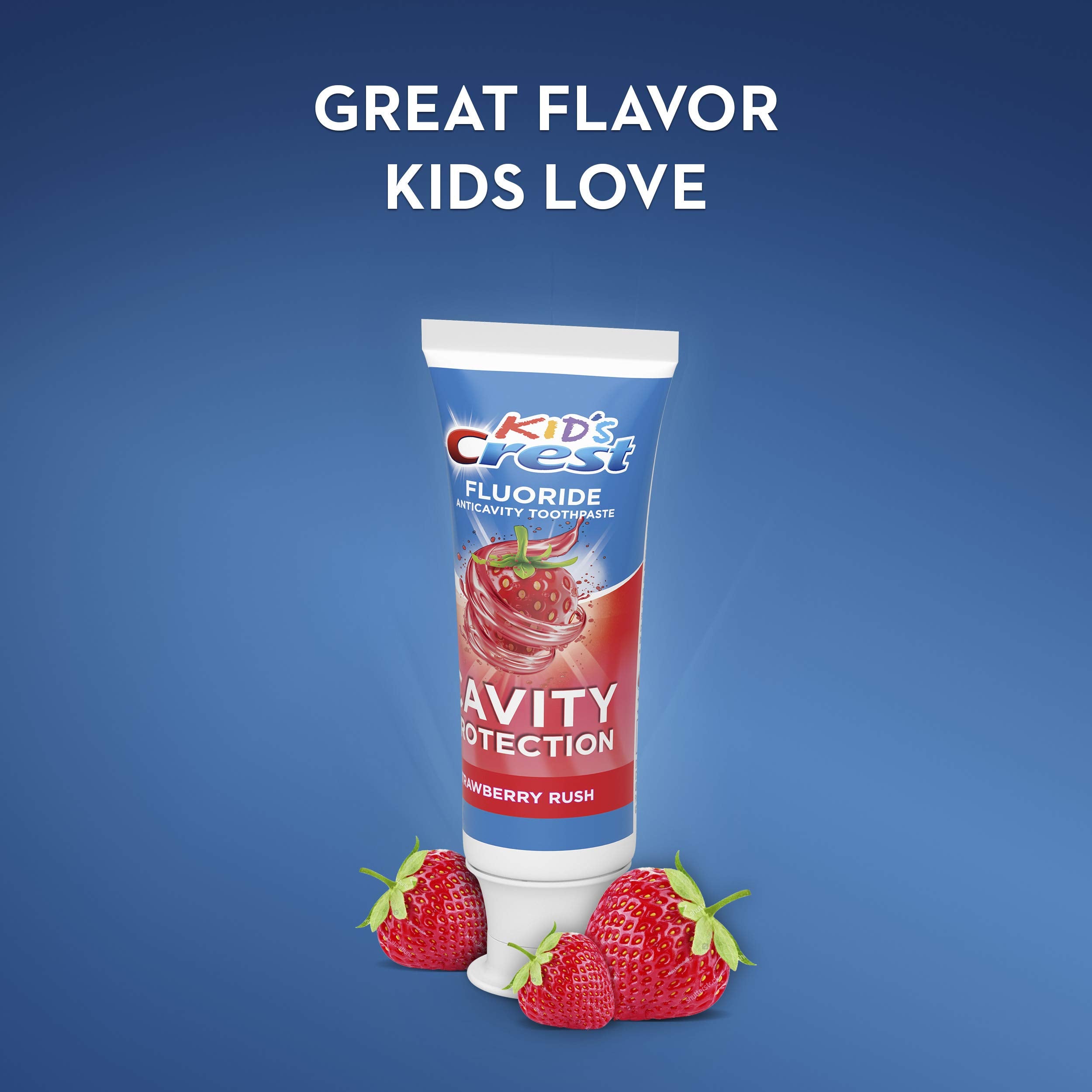 Graphic illustration showing Strawberry Rush flavor for Crest Kid's toothpaste