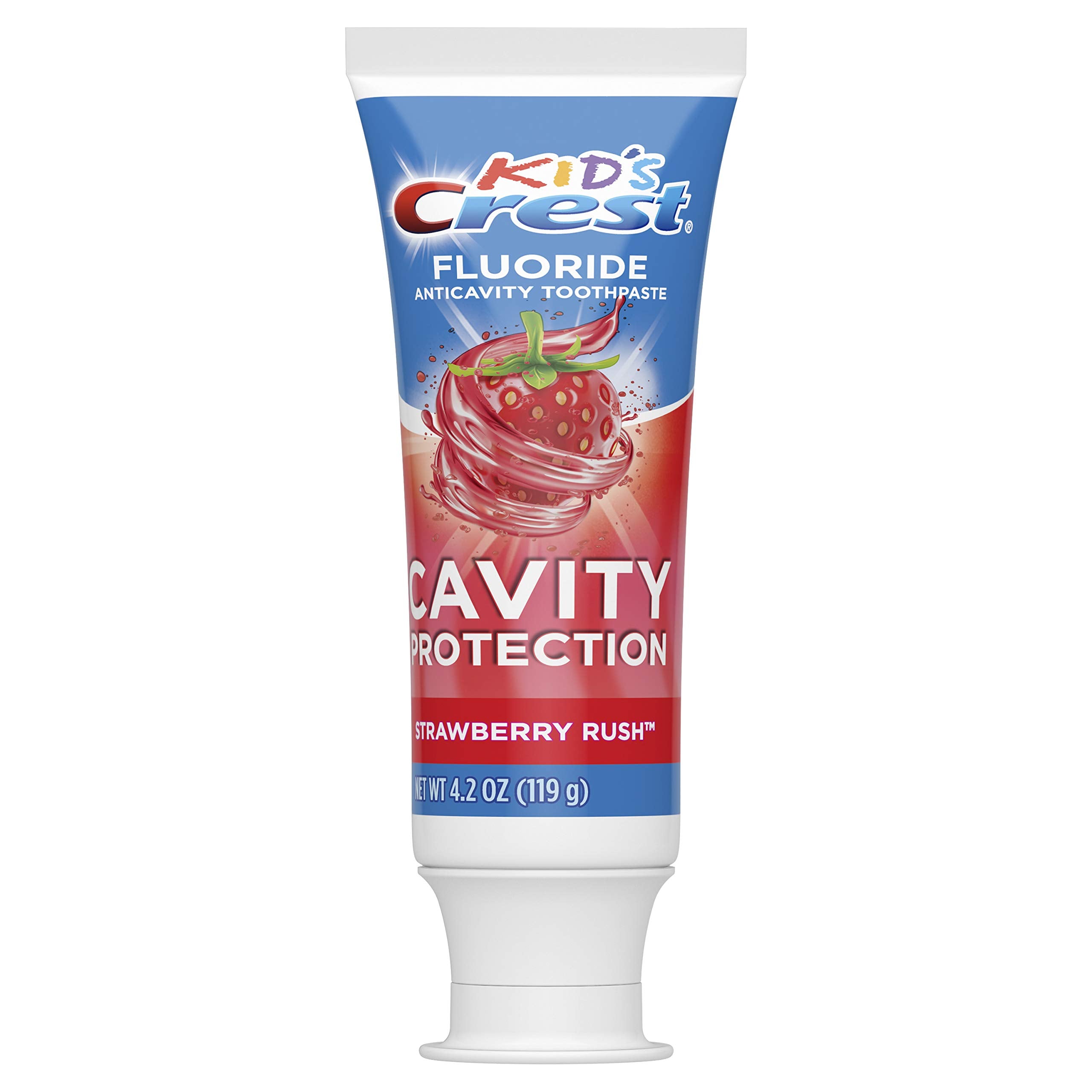 Back/label view of Crest Kid's Strawberry Rush toothpaste tube, 4.2 oz
