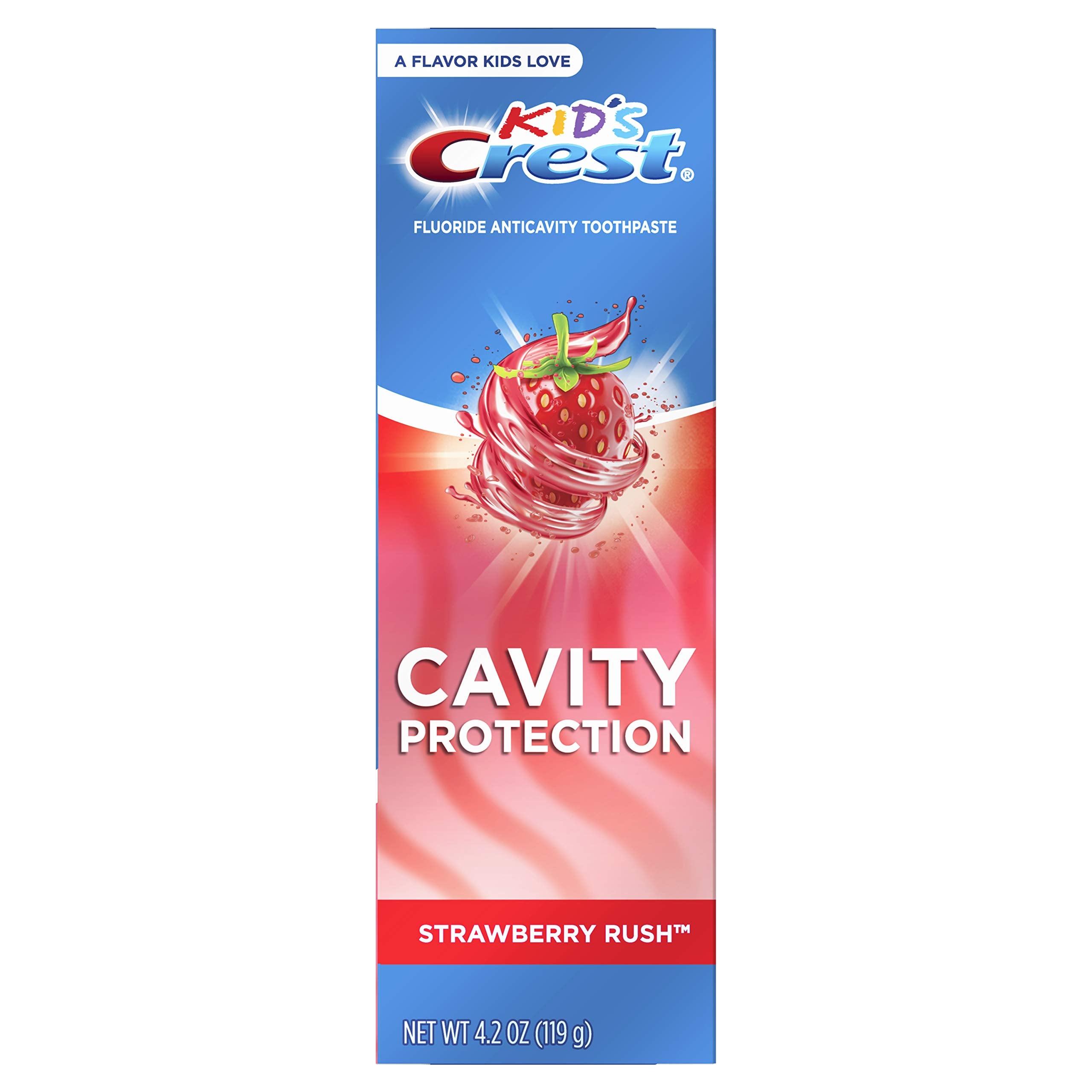Front view of Crest Kid's Strawberry Rush toothpaste tube, 4.2 oz