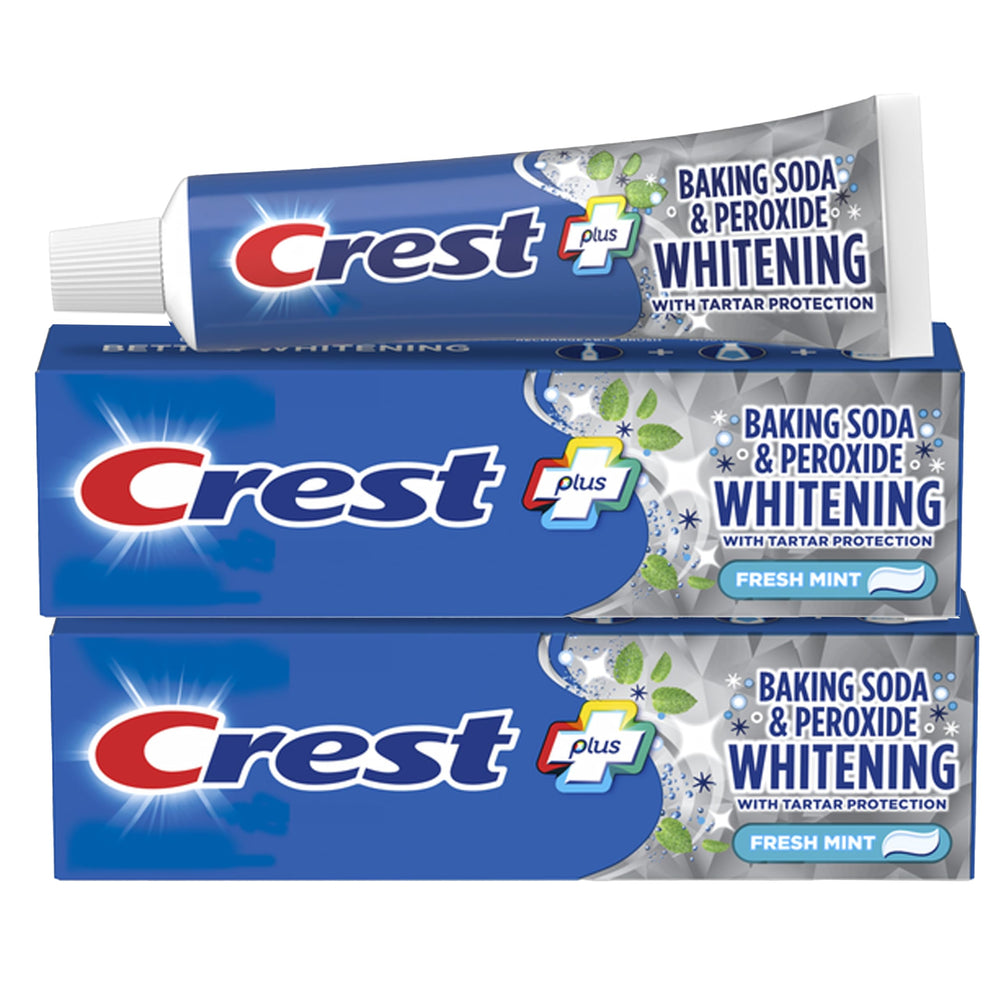 Packaging of Crest Baking Soda and Peroxide Whitening Toothpaste pack of two