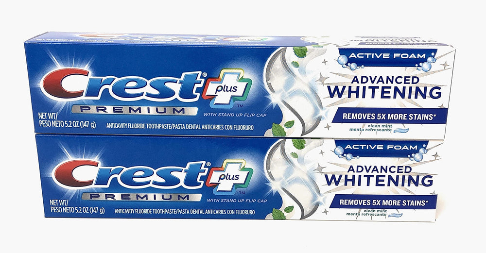 Crest Premium Plus Advanced Whitening Toothpaste with Fluoride, Clean Mint 5.2 oz per tube (pack of 2)