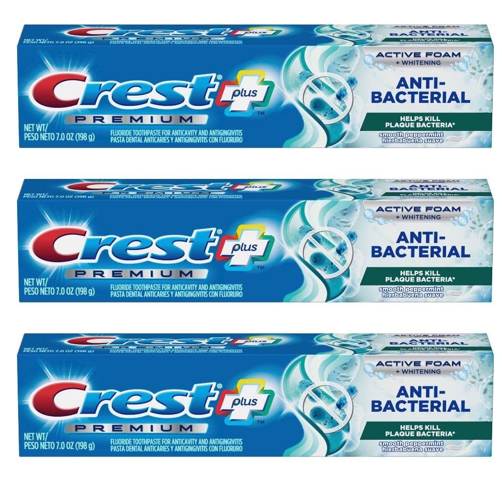 Crest Premium Plus Anti-Bacterial Toothpaste tube with Smooth Peppermint flavor