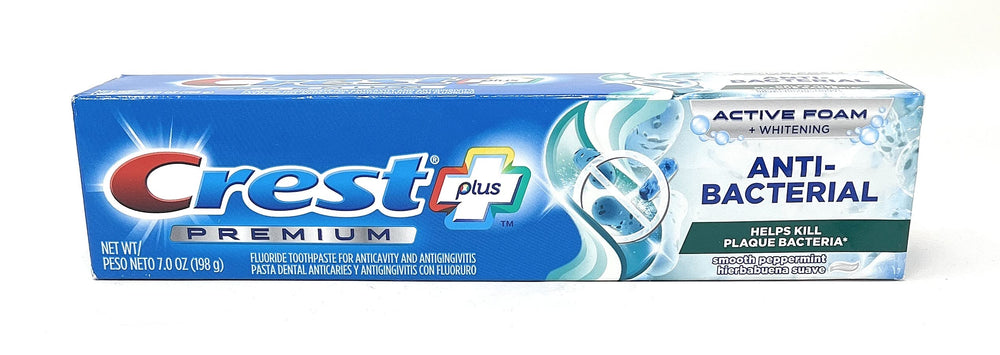 Front view of Crest Premium Plus Anti-Bacterial Toothpaste packaging