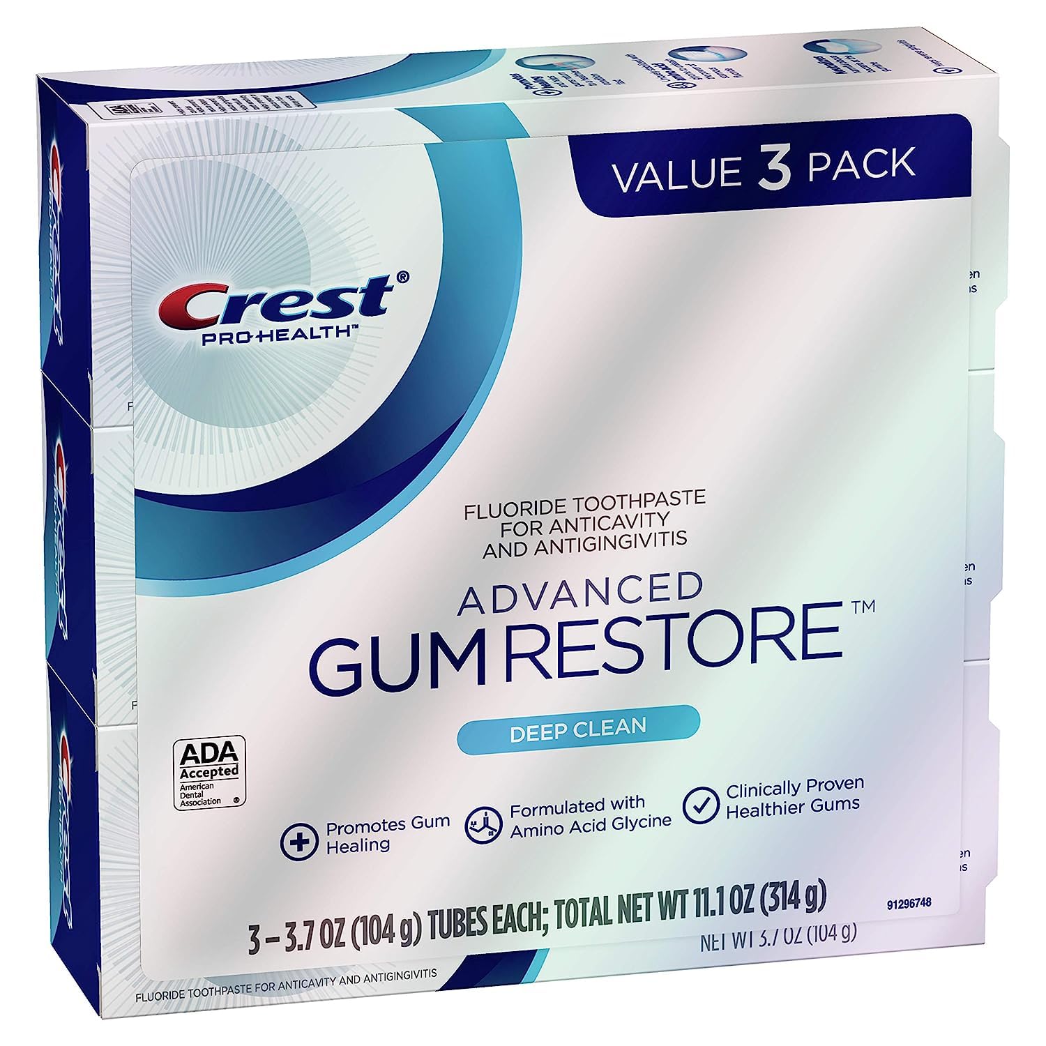 Front view of Crest Pro-Health Advanced Gum Restore Deep Clean toothpaste tubes in a 3-pack (3.7 oz each)