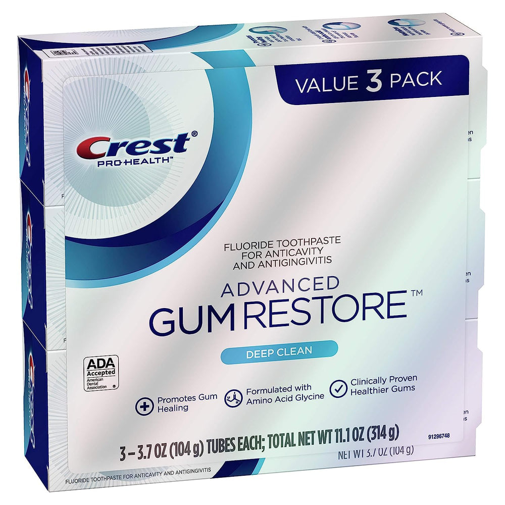 Front view of Crest Pro-Health Advanced Gum Restore Deep Clean toothpaste tubes in a 3-pack (3.7 oz each)