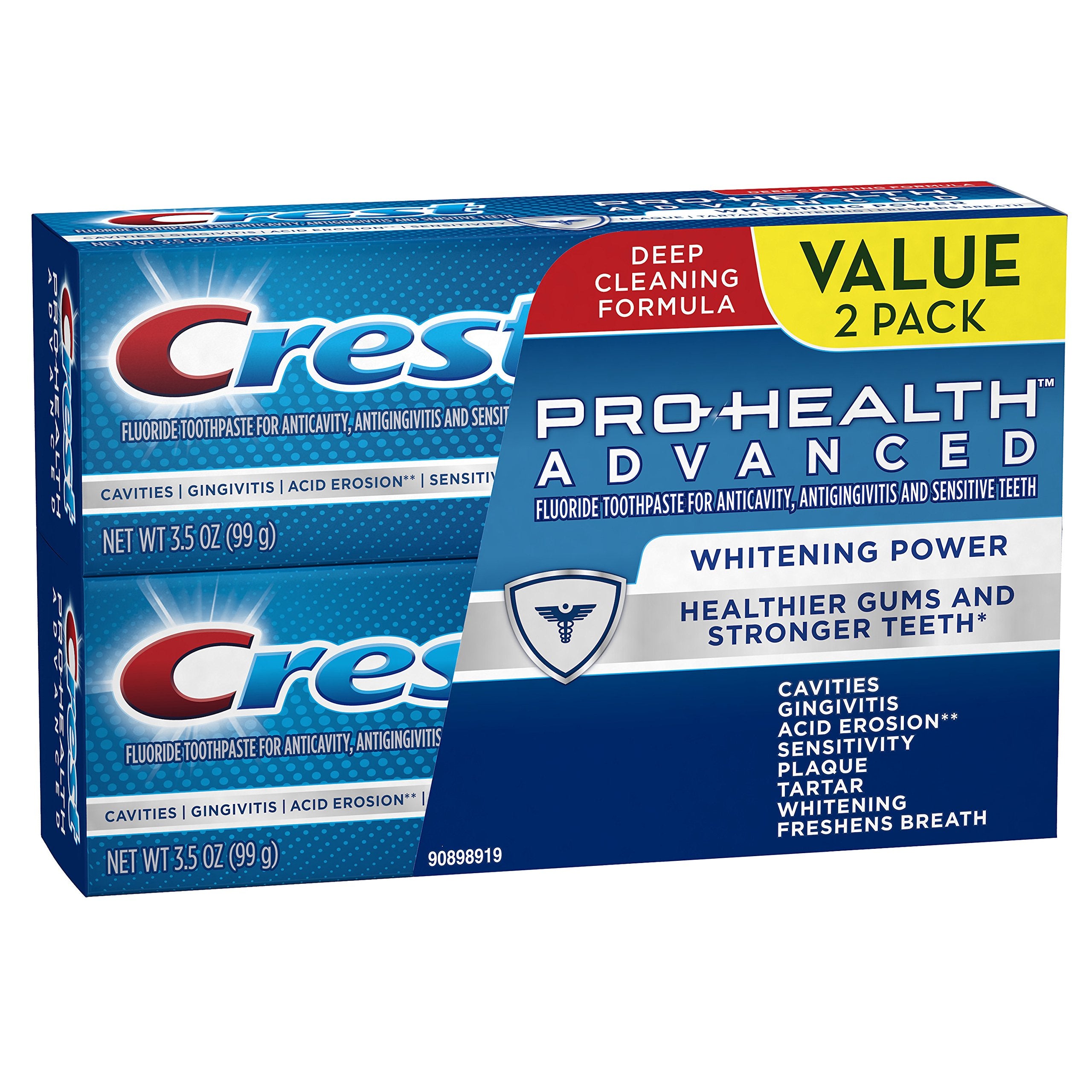 Close-up of Crest Pro-Health Advanced Whitening toothpaste tube label highlighting whitening and enamel protection