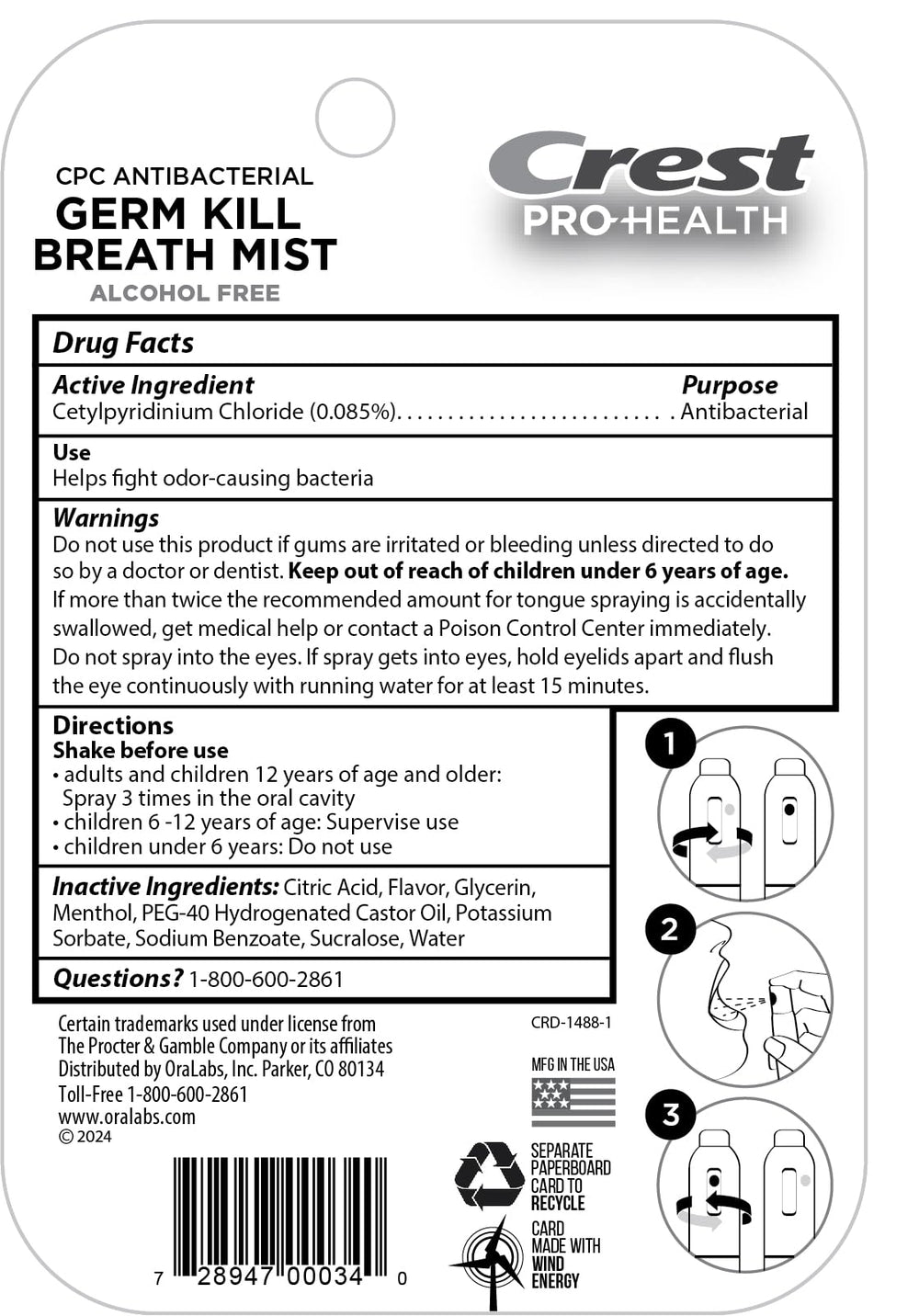 Alcohol-free and sugar-free Crest Pro-Health Breath Mist features